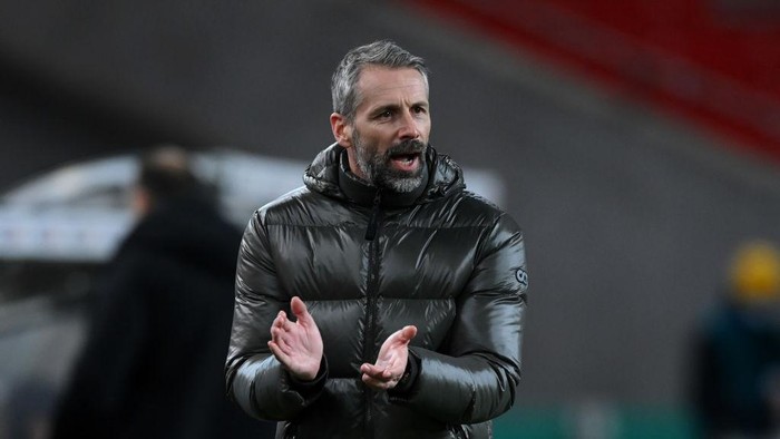 Bearded man in a gray puffer jacket clapping on the sideline during a sports match