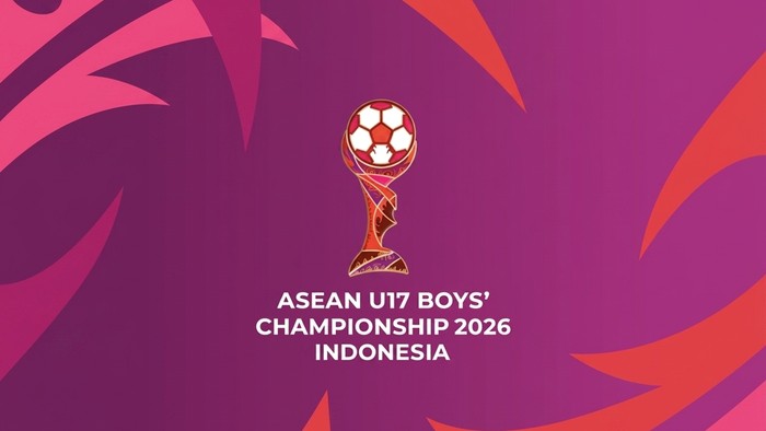 Trophy emblem with white text reading 'ASEAN U17 BOYS' CHAMPIONSHIP 2026 INDONESIA' on a purple and pink abstract background.