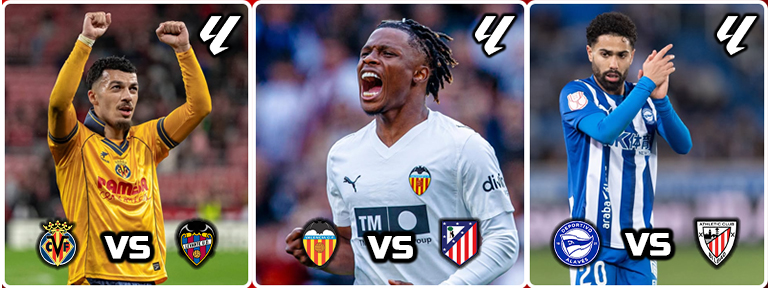 Celebrating footballer in yellow kit with fists raised, shown with team crests and a VS graphic between teams in a trio image panel.