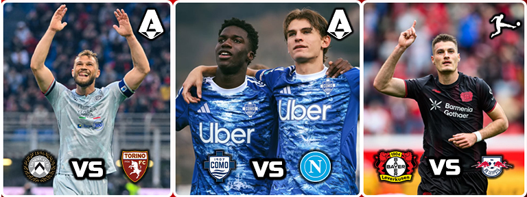 Three-panel collage showing soccer matchups: left panel a goalkeeper celebrating with a VS and team crests, middle panel two blue-jersey players under Uber with VS and logos, right panel a player in black kit with VS and competing team crests