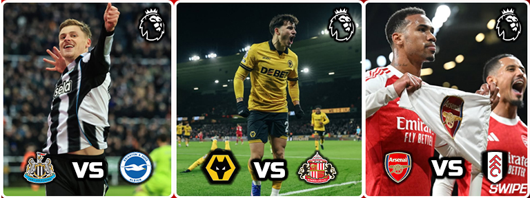 Triple Premier League matchup collage: Newcastle United vs Brighton, Wolves vs Southampton, Arsenal vs Fulham, each panel shows a 'VS' and league badge.