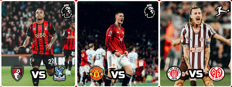 Three-panel collage of Premier League matchups showing players and ‘VS’ between team crests.