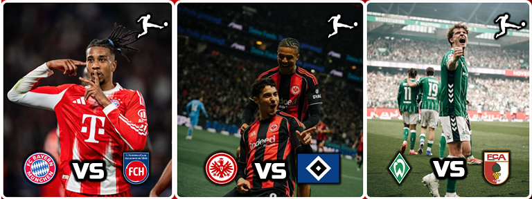 Soccer player in red Bayern jersey celebrating; vs FC Köln logo on dark background.
