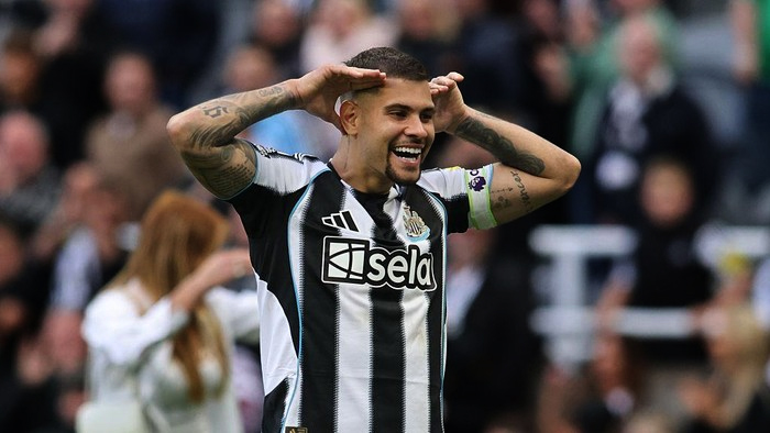Newcastle United footballer in black-and-white striped kit celebrating a goal with hands on his head.