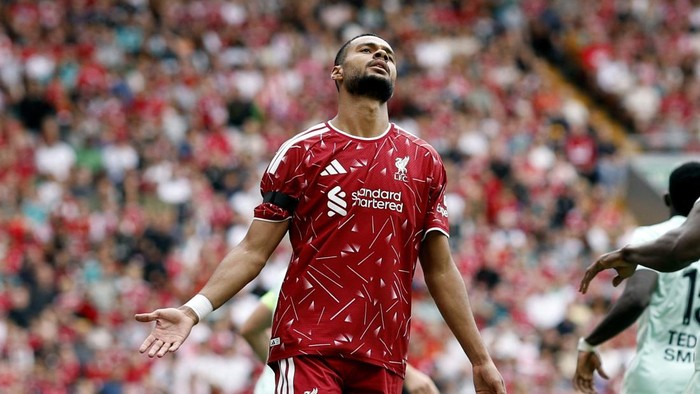 Liverpool player in a red jersey with arms outstretched celebrating on the pitch as fans cheer in the stands behind him.