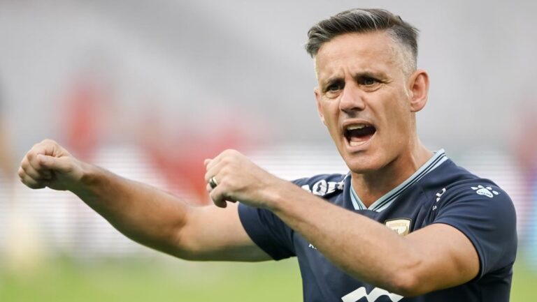Male soccer player in a dark blue jersey celebrating with fists raised on a blurred field