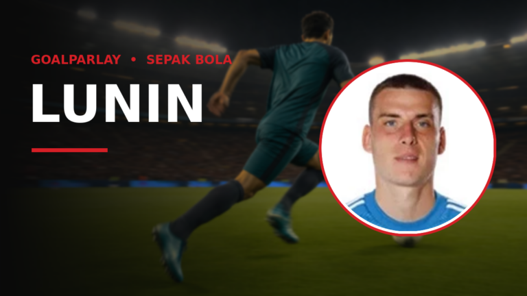 Soccer field banner featuring bold white text 'LUNIN' with a red underline and a circular portrait of a man in a blue jersey overlapping the right side; background shows a player in motion on a stadium at night with 'GOALPARLAY • SEPAK BOLA' text.