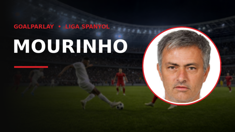 Circular portrait of a football manager with a white and red border on the right, over a dark stadium background, beside a bold 'MOURINHO' headline.