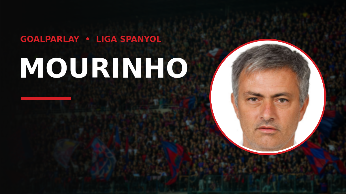 Banner with bold 'MOURINHO' on the left, red underline, GOALPARLAY • LIGA SPANYOL, and a circular red-bordered portrait on the right against a stadium crowd.