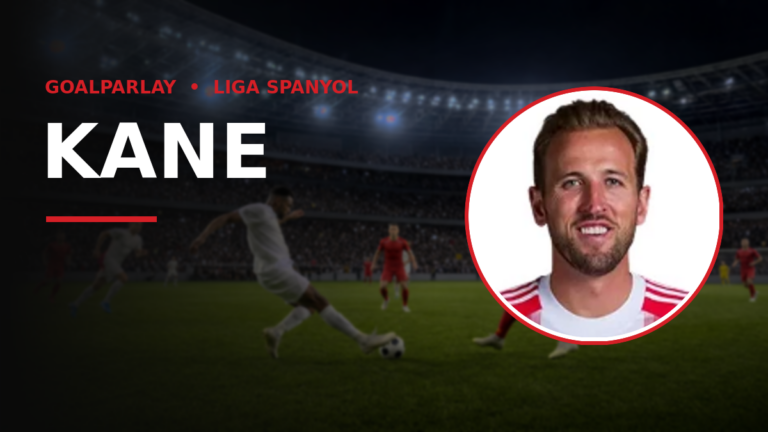 Hero banner with the name KANE on the left and a circular headshot on the right, set against a darkened soccer stadium; top reads GOALPARLAY • LIGA SPANYOL.