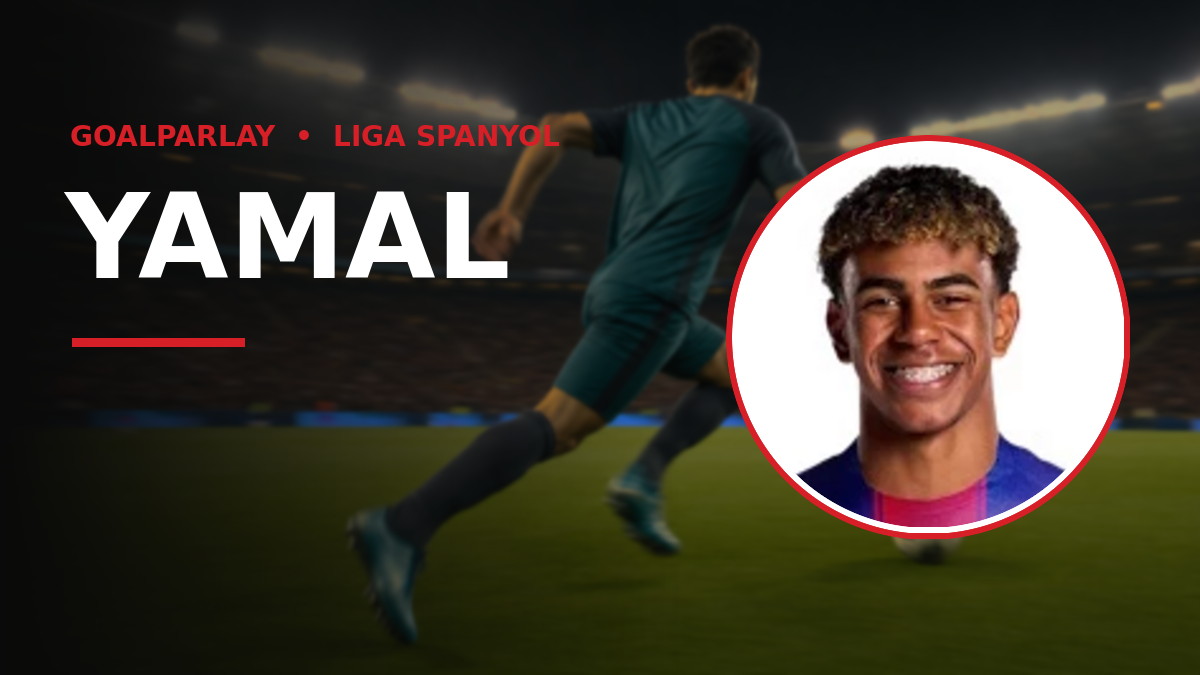 Banner featuring a soccer stadium backdrop with the bold name YAMAL and a red underline; a circular, red‑outlined portrait of a smiling player overlaps the right side.