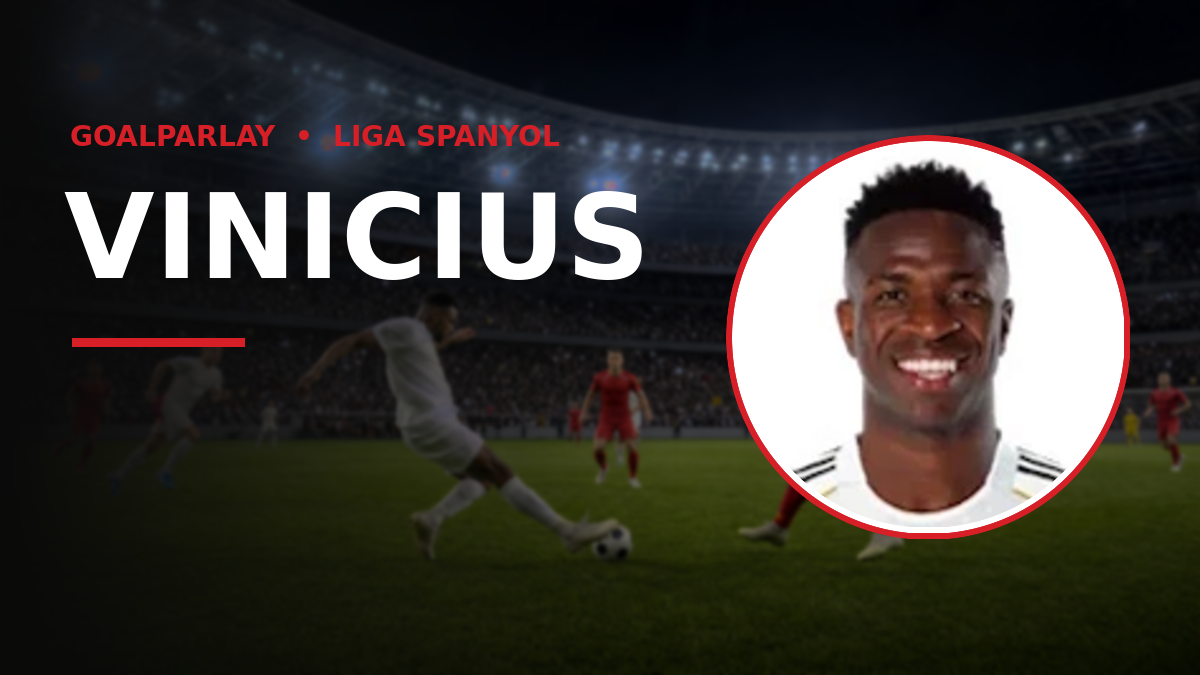 Vinicius banner: bold name over a soccer match background with a circular portrait on the right framed in red.