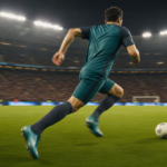 Soccer player in teal kit sprinting toward a ball on a well-lit stadium field at night