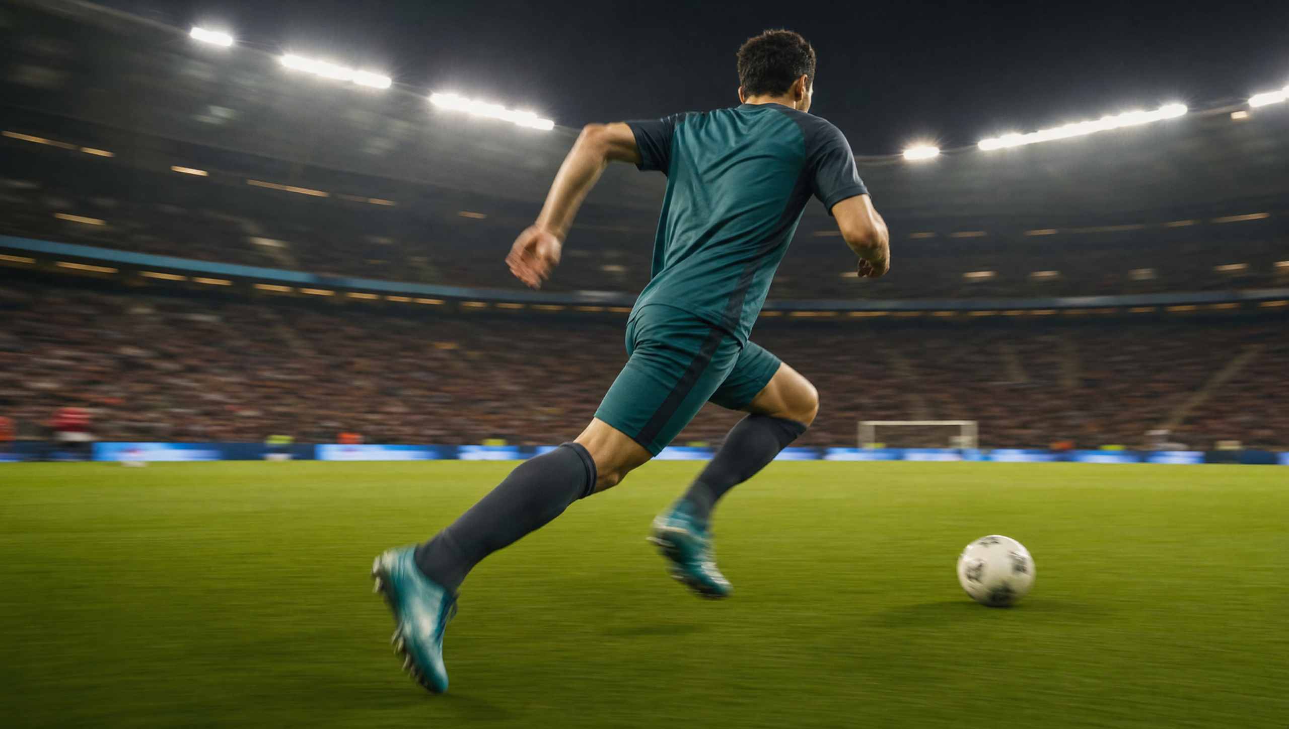 Soccer player in teal kit sprinting toward a ball on a well-lit stadium field at night