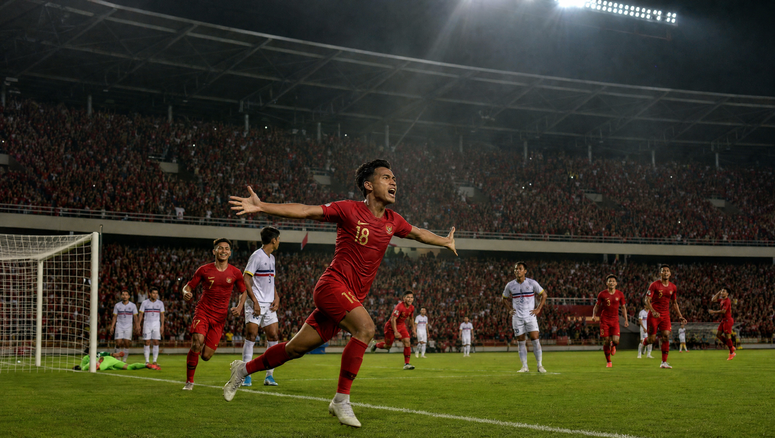 Soccer player in red celebrates a goal with arms wide as the stadium crowd cheers in the background.