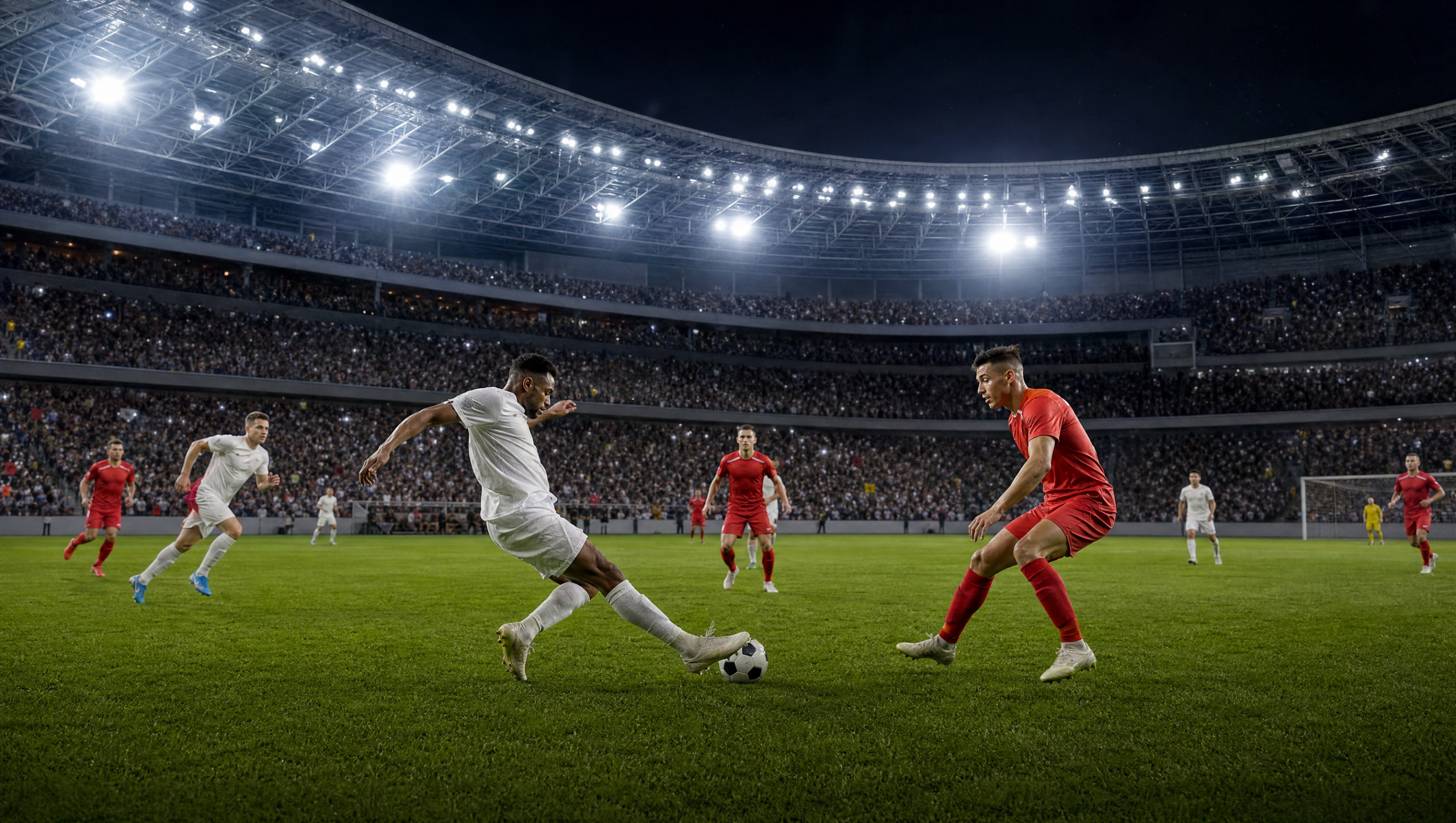 White-jersey player slides to kick the ball past a red-jersey defender on a packed night stadium field.