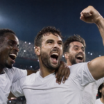 Soccer teammates celebrate a victory, arms around each other, on the field under stadium lights at night.