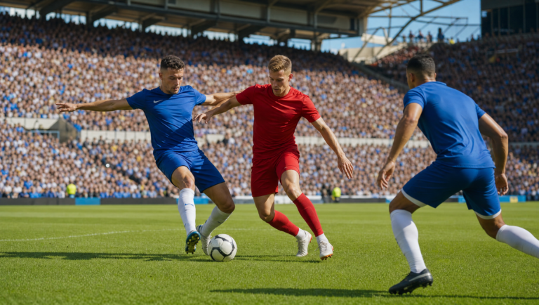 Three soccer players chase the ball on a sunny stadium field, crowding near the goal area in blue and red kits.