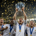 A football team lifts a large trophy in celebration, players wearing white jerseys with gold medals as gold confetti falls in a stadium at night.
