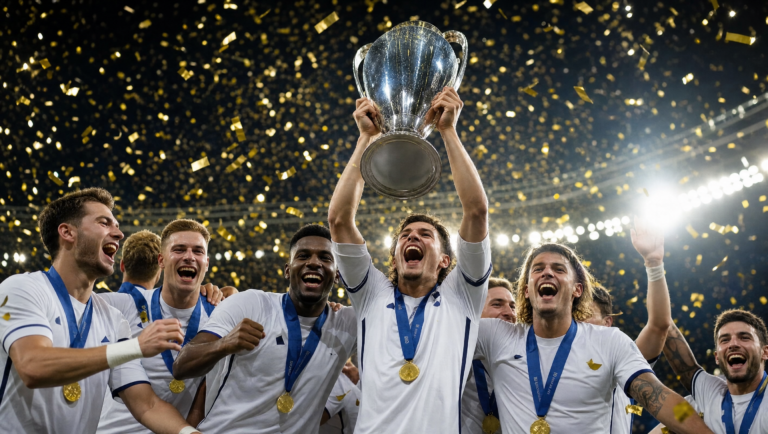 A football team lifts a large trophy in celebration, players wearing white jerseys with gold medals as gold confetti falls in a stadium at night.